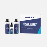 Balzy Balls & Body 2.0 – 3-in-1 Verzorgingspakket voor Mannen – Intieme Douchegel, Verfrissende Spray en 2-in-1 Haar & Body Wash – Natuurlijk, pH-vriendelijk en Gemaakt in Europa – Cadeauset voor Lichaam & Ballen