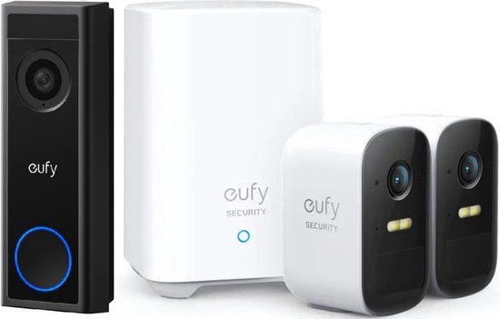 Eufy 2K FHD Video Deurbel met Nachtzicht + eufy 2C Draadloze Beveiligingsset - Inclusief Homebase2 en 2 Camera's - Wit- Video doorbell Bundel