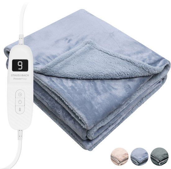 STAUS&BACH Elektrische deken 3XL - 2 persoons bovendeken - Dubbelzijdig Fleece Sherpa Warmtedeken - Grijs blauw - 180x160 cm