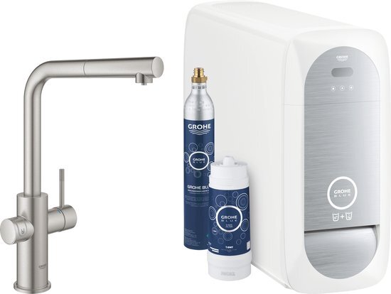 GROHE Blue Home 1-gats keukenkraan m. duo L-uitloop uittrekbaar starterkit m. Wifi bluetooth Chilled & Sparkling 3x gekoeld + 3x bruisend water supersteel 31539DC0