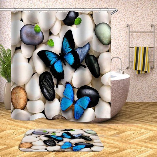 JMKA Douchegordijn - 180x180 cm - Wit / blauw - 100% polyester - Inclusief ringen