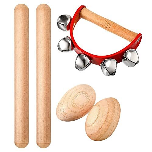 Vklopdsh Muzikale Percussie Instrument Set,Ritme Sticks + Houten Ei Shakers + Tamboerijn Jingles,voor Kerstmis Kids Party