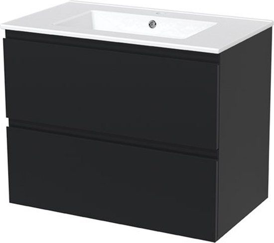 Maxaro Badkamermeubel 80cm Modulo Mat Zwart 2 lades Greeploos Wastafel Keramiek