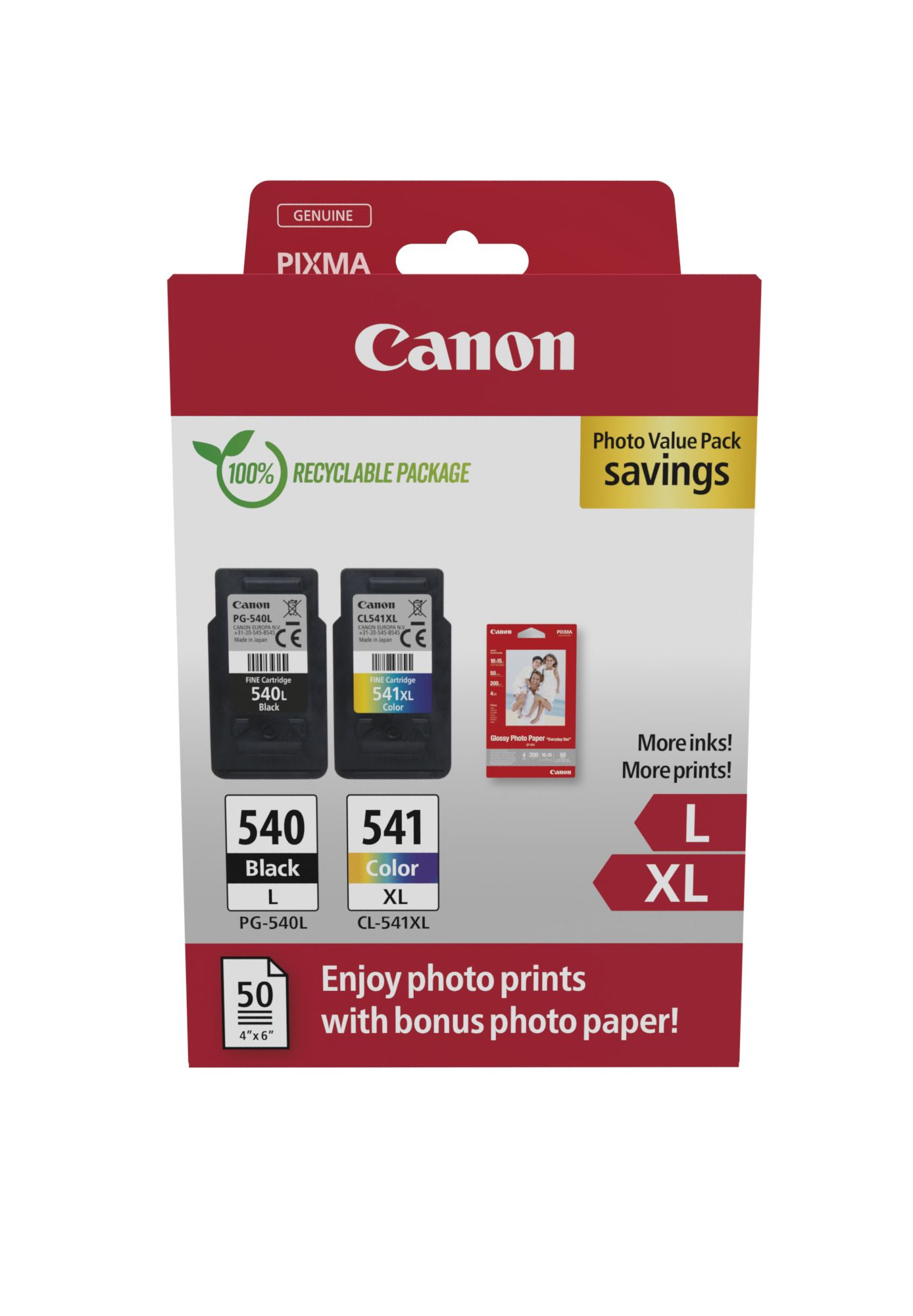 Canon PG-540L + CL-541XL Ink Cartridge - Black, Cyan, Magenta, Yellow - 2 Pack - Original