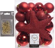 Decoris Kaemingk B.V. 33x stuks kunststof kerstballen 5, 6 en 8 cm rood inclusief ster piek en kerstbalhaakjes
