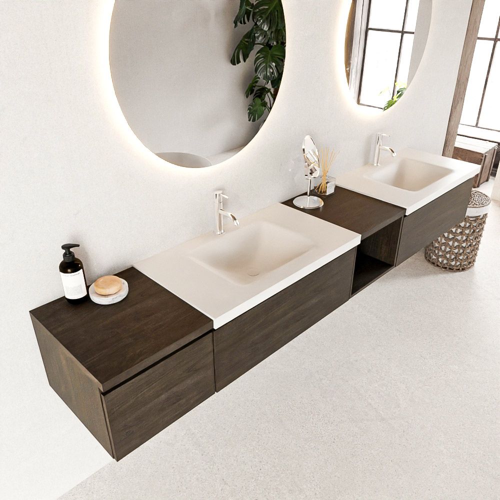 Mondiaz Bukla badmeubel rechts 3 lades 240cm dark brown en talc