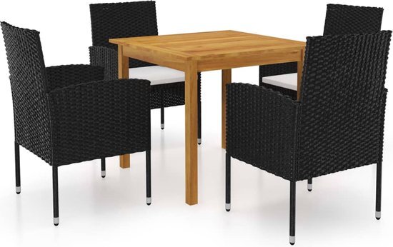 The Living Store Tuinset - Acaciahouten eettafel - Zwarte PE-rattan stoelen - 85x85x74 cm - Cr&#232;mewit kussen