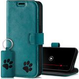 SURAZO Premium telefoonhoes voor Samsung Galaxy M54 5G, premium lederen beschermhoes met pootmotief, RFID-klaphoes met magneet, standfunctie, kaartenvak, leren hoes, turquoise