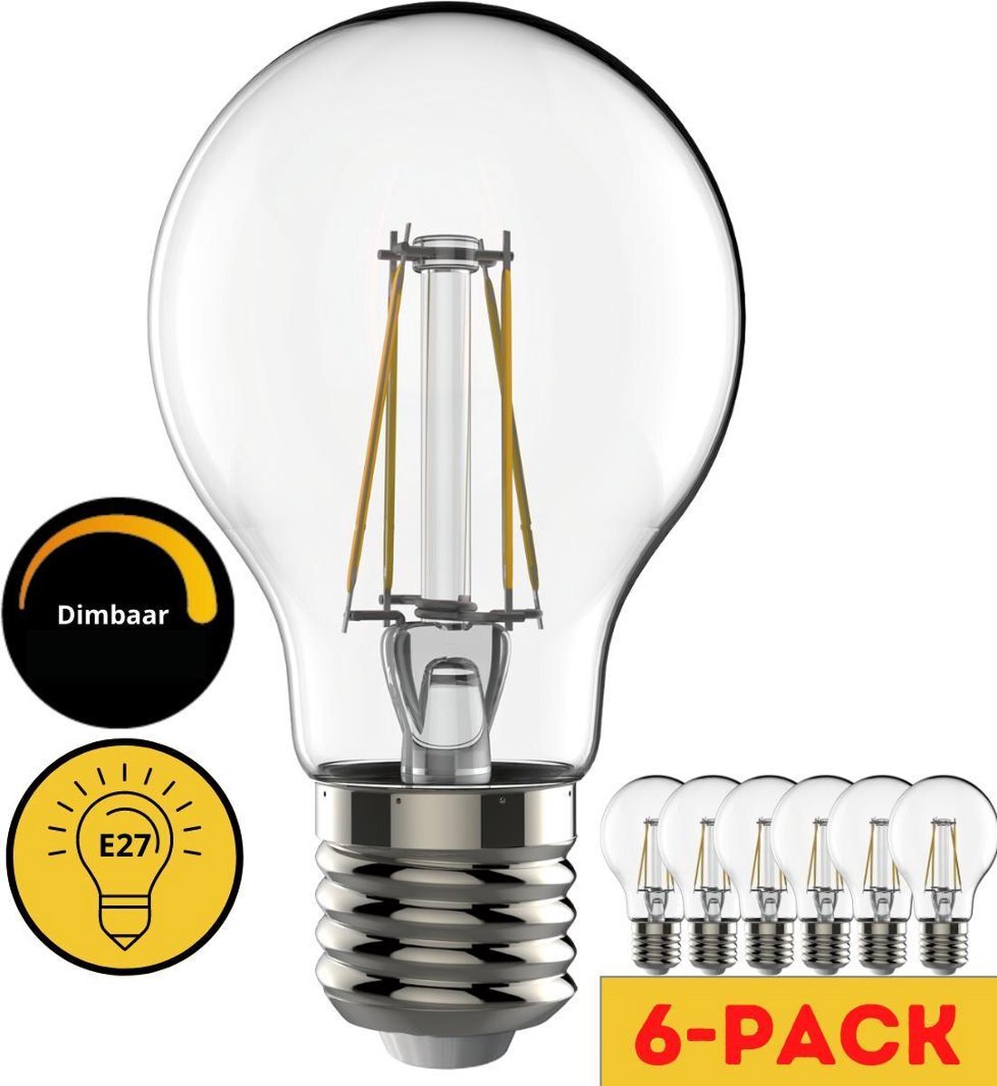 Proventa Dimbare LED filament lamp - E27 fitting - Stralingshoek van 360° - 6-pack led lampen