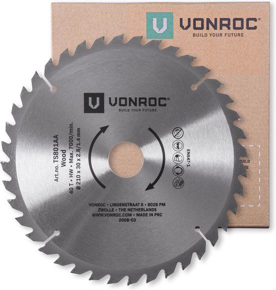 VONROC Zaagblad – 210mm – 40 tanden – voor hout – geschikt voor tafelzagen en afkortzagen