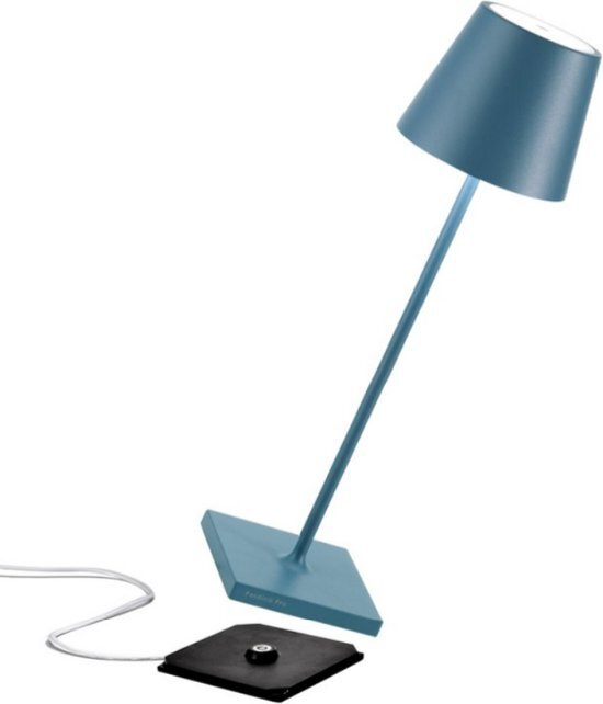 Zafferano Poldina Pro - Dimmable Draadloze LED Tafellamp in Aluminium, IP54 Bescherming, Binnen/Buiten gebruik, Contact Laadbasis, H38cm, EU Plug - Blauw