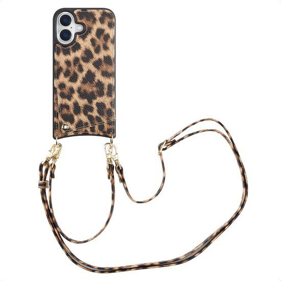 Selencia Hoesje - Geschikt voor Apple iPhone 16 - Backcover met koord en pashouder - Leopard