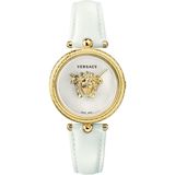 Versace VECQ02925 Palazzo Dames Polshorloge - Wit Leren Band - Goudkleurige Kast - Wit Wijzerplaat - Saffierglas - Quartz - 34mm