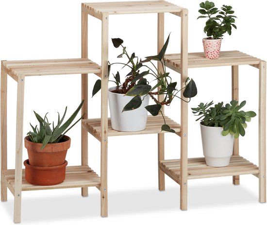 Relaxdays Plantenstandaard - Hout - Binnen - 70 x 89 x 27 cm - Lichtbruin