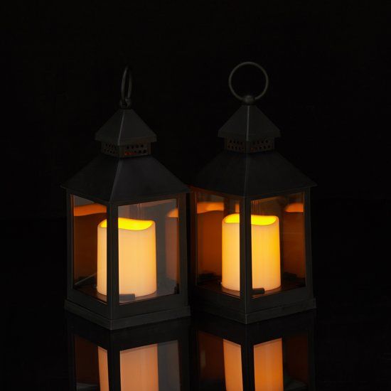 Relaxdays LED Lantaarn - Set van 2 - Zwart - Vlameffect - Sfeerverlichting - Windlicht