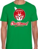 Bellatio Decorations Rendier Kerstbal shirt / Kerst t-shirt Merry Christmas groen voor heren L