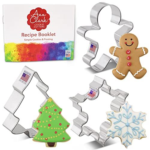 Ann Clark Cookie Cutters 3-delige Kerstmis en Feestdagen Koekjesvormset met Receptenboek, Sneeuwvlok, Peperkoekman en Kerstboom.