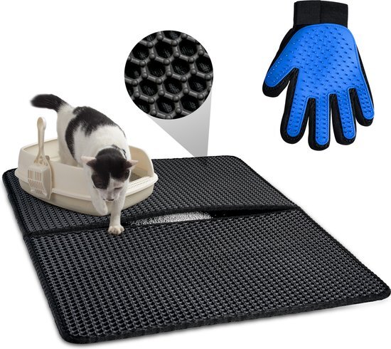 Tastelio XXL Kattenbakmat 75x55cm - groot Kattenbak mat met innovatieve honingraatstructuur - Dubbele waterdichte laag - Katten bak mat met eenvoudige reiniging grit opvanger zwart