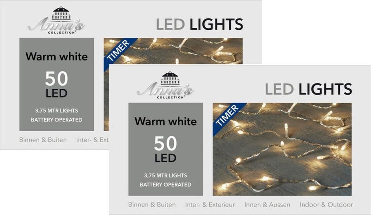 Anna's Collection Set van 3x stuks kerstverlichting met timer 50 warm witte lampjes op batterijen - Lichtsnoer transparant met 50 leds