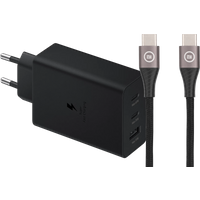 Samsung Oplader met 3 USB Poorten 65W Zwart + USB C Kabel Nylon Zwart 1,5m