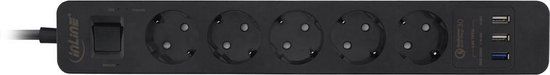 InLine stekkerdoos met 5 contacten en 3x USB - Quick Charge 3.0 - Zwart - 1,5 meter
