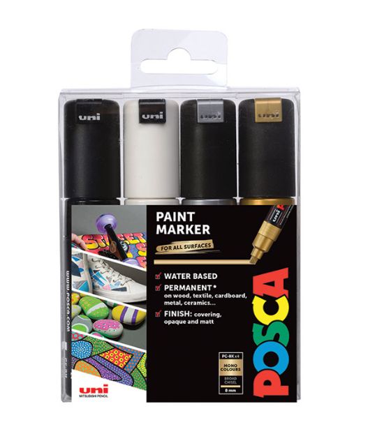 Uni Posca PC-8K Marker Set - Black, Gold, Silver, White - 4 Pack