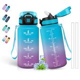 Drinkfles 500 ml drinkfles voor kinderen, met rietje, gemakkelijk te reinigen, lekvrij, tijdmarkering, voor school, reizen, camping, blauw-paars
