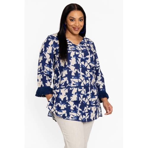 YOEK tuniek Plus Size met print en linnen - blauw