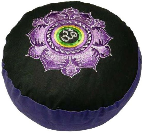 - Meditatiekussen zwart/violet lotus & OHM geborduurd 33x17 cm