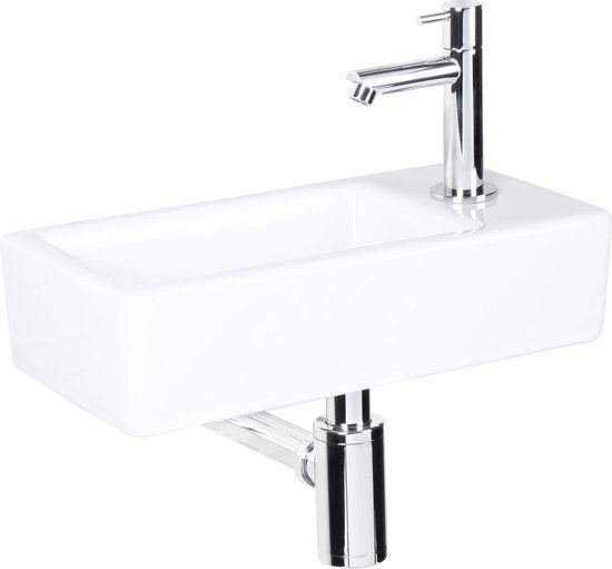 Differnz Helios Fonteinset - Wasbak Keramiek - Wit - Rechte Kraan - Chroom - 36 x 18 x 9 cm