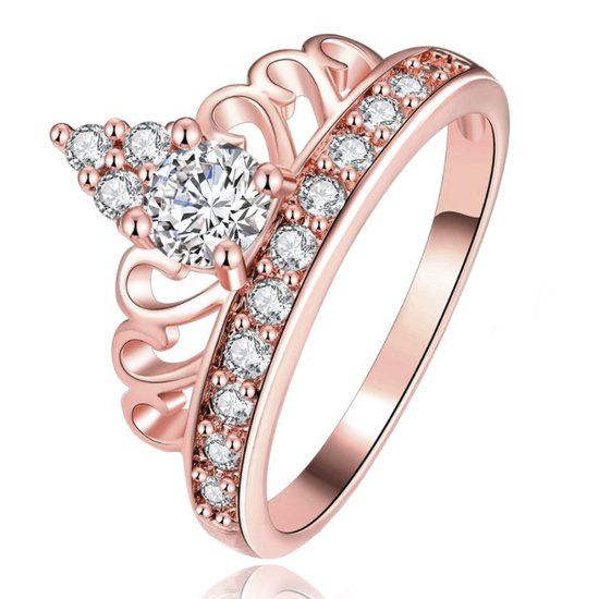 LGT JWLS Lookinggoodtoday Dames Ring Rose Verguld met Kroon en Zirkonia Stenen-16mm