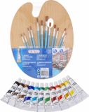 Toppoint Hobby/knutsel schilderen set van 12 kleuren acryl verf met houten palet en 12 verfkwasten