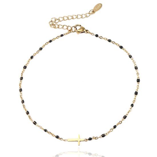 LGT JWLS Lookinggoodtoday Enkelband Goud & Emaille - Cross Black