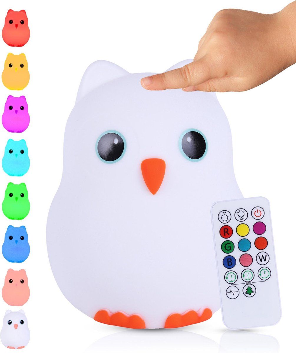 Kadoing Kadoing® Uil Nachtlamp (L) - Met TAP-ON & Afstandsbediening - LED Lamp Oplaadbaar - Tafellamp - Baby - Kinderen - Babyshower - Babykamer - Kinderkamer - Kerst Cadeau - Kerstcadeautjes
