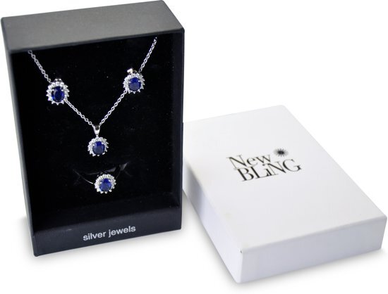 New Bling Gift Set 9NB SET009 54 Sieraden Geschenkset - Zilveren Oorbellen 6x8 mm Collier 40+5 cm Ring maat 54 - Solitair Zirkonia steen - Zilverkleurig / Blauw