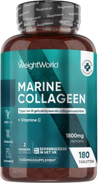 WeightWorld Marine Collageen tabletten - 1800 mg viscollageen poeder per portie - Gehydrolyseerd collageen poeder type 1 en 3 - 180 tabletten voor 2 maanden