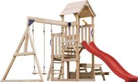 AXI Mette Speeltoestel met Dubbele Schommel Bruin – Rode Glijbaan – Zandbak en Picknicktafel – Telescoop - FSC hout - Speelhuis op palen voor de tuin