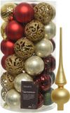 Bellatio Decorations Kaemingk B.V. Kunststof kerstballen 37x st - rood/goud/parel/groen - 6 cm - met glazen piek