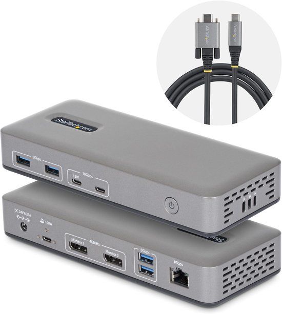 StarTech.com Dual-Monitor USB-C Docking Station, DisplayPort MST Dock, 4K 60Hz, 100W Laptop Charging, 1GbE, Driverless, Multi-Monitor Dock voor Windows