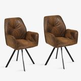 MEUBLE COSY Set van 2 eetkamerstoelen, 360 graden draaibaar, vintage stoel met rugleuning en armleuningen, voor woonkamer, keuken, kantoor, gevoerde zitting van fluweel, metalen poten, bruin