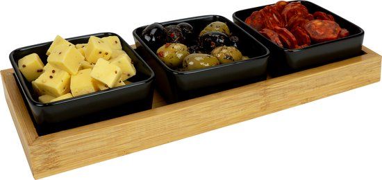 Krumble Tapasschalen op houten plank - Snackschaal - Tapasplank - Schaaltjes keramiek - Borrelschaal - Borrelhapjes schaal - 3 delig - Serveerschaal - Tapasschaaltjes - Zwart