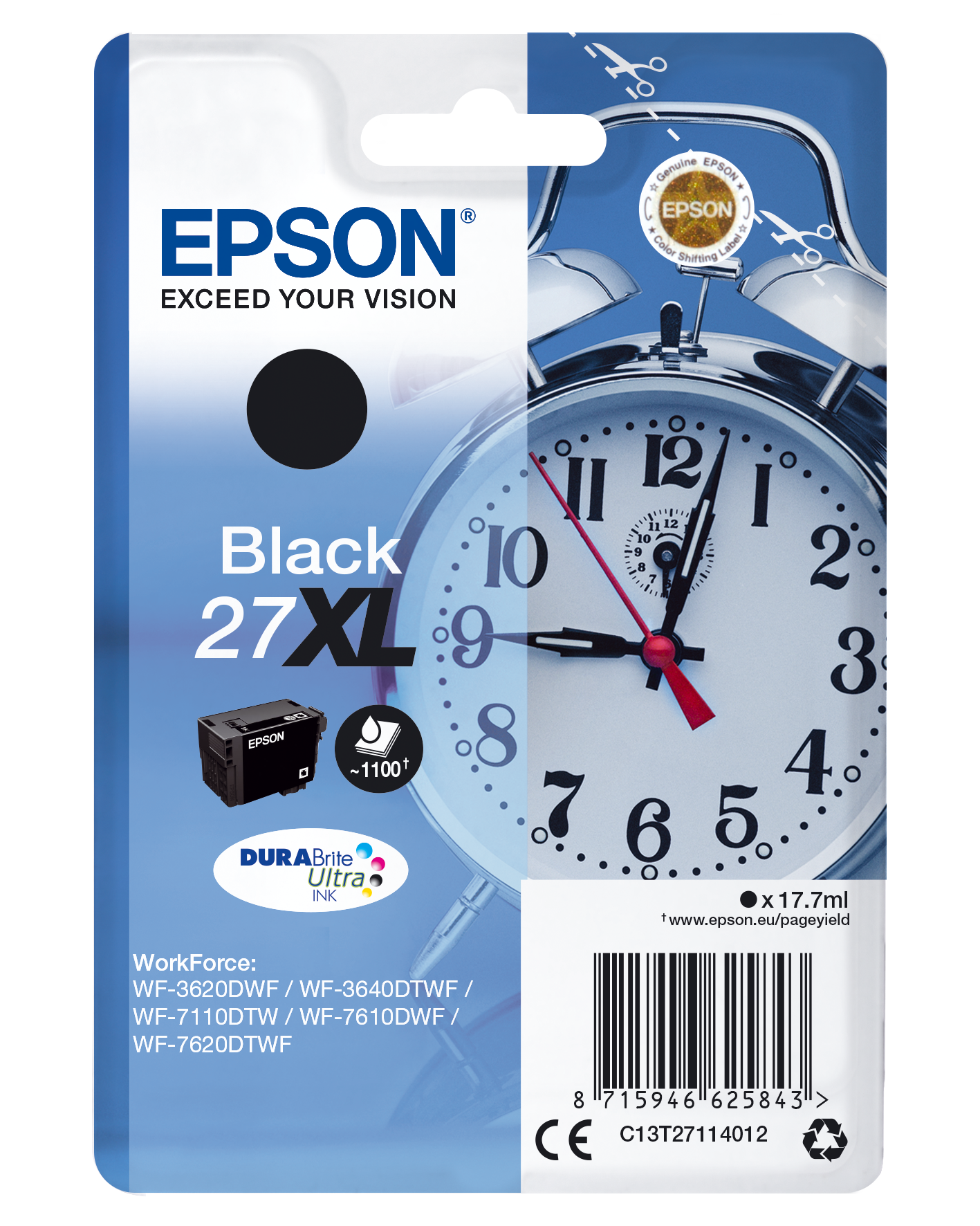 Epson Alarm clock Singlepack Black 27XL DURABrite Ultra Ink single pack / zwart