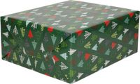 Bellatio Decorations Luxe Kerst inpakpapier - Cadeaupapier - Donkergroen - Gekleurde kerstbomen - 250 x 70 cm