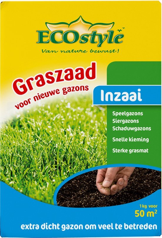 ECOSTYLE Graszaad-Inzaai - 1 kg - voor het inzaaien van een nieuw gazon -voor 50 m2 Zaai direct een nieuw gazon in met Graszaad-Inzaai