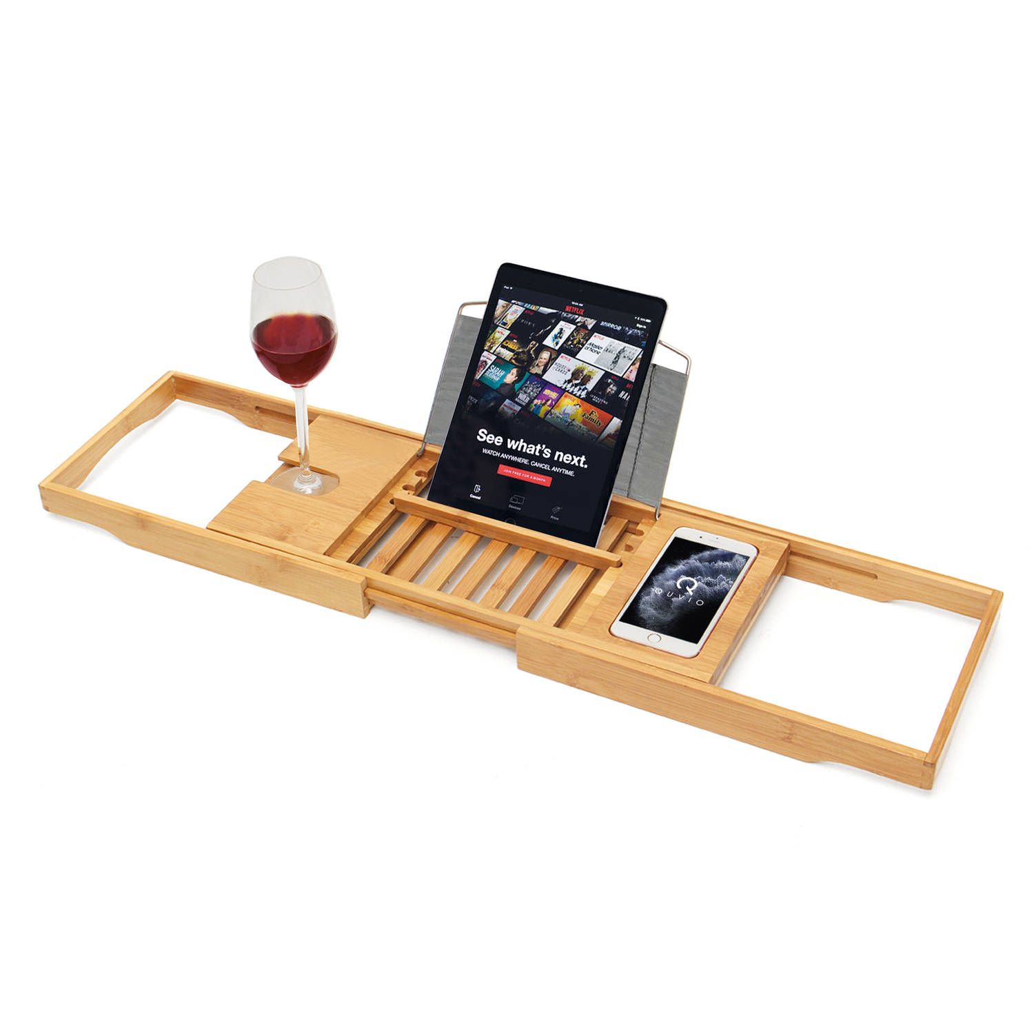 QUVIO Boek- of tablethouder met wijnglashouder - Bamboe - Bruin