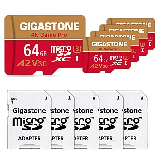 GIGASTONE 64GB 5-pack micro SD geheugenkaart 4K Game Pro, SDXC UHS-I A2 U3 V30, 95/35 MB/s lees- en schrijfsnelheid, geschikt voor Nintendo Switch, Compactcamera’s, GoPro action cam, Android Smartphones, micro sd card