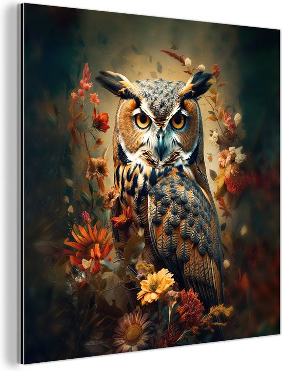 MuchoWow Wanddecoratie Metaal - Aluminium Schilderij Industrieel - Uil - Vogel - Bloemen - Planten - Botanisch - 50x50 cm - Dibond - Foto op aluminium - Industriële muurdecoratie - Voor de woonkamer/slaapkamer