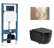 QeramiQ Dely Swirl Toiletset - Hangend toilet - Inbouwreservoir - Slimme zitting - Metaal messing geborstelde bedieningsplaat - Ronde knoppen - Mat zwart