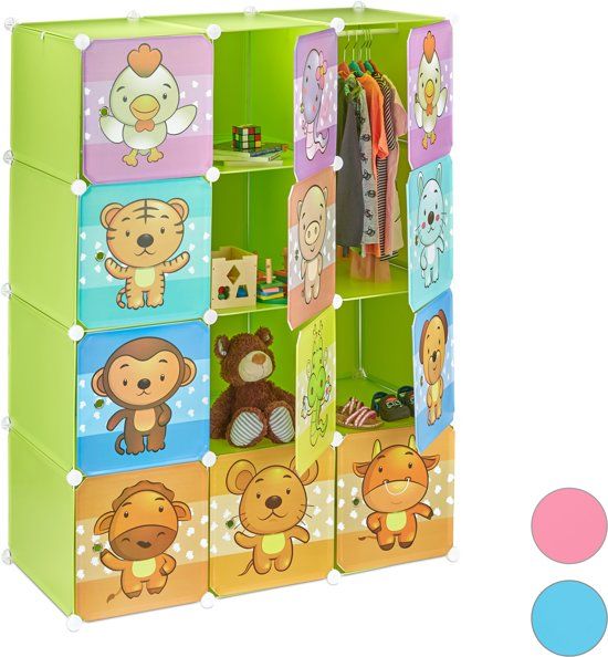 Relaxdays Kinderkast met diermotieven - Kinderkamer Kledingkast - Kunststof Klikverbinding Groen