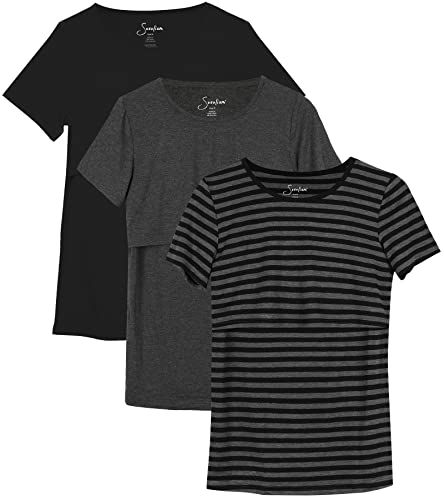 Sosolism 3 stuks voedingstops voor dames, T-shirts met korte mouwen, zwangerschapskleding, zwart/donkergrijs/gestreept